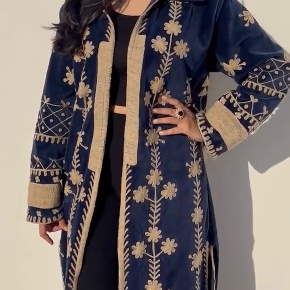 Navy Blue Embroidered Long Coat - Picture 3 of 3